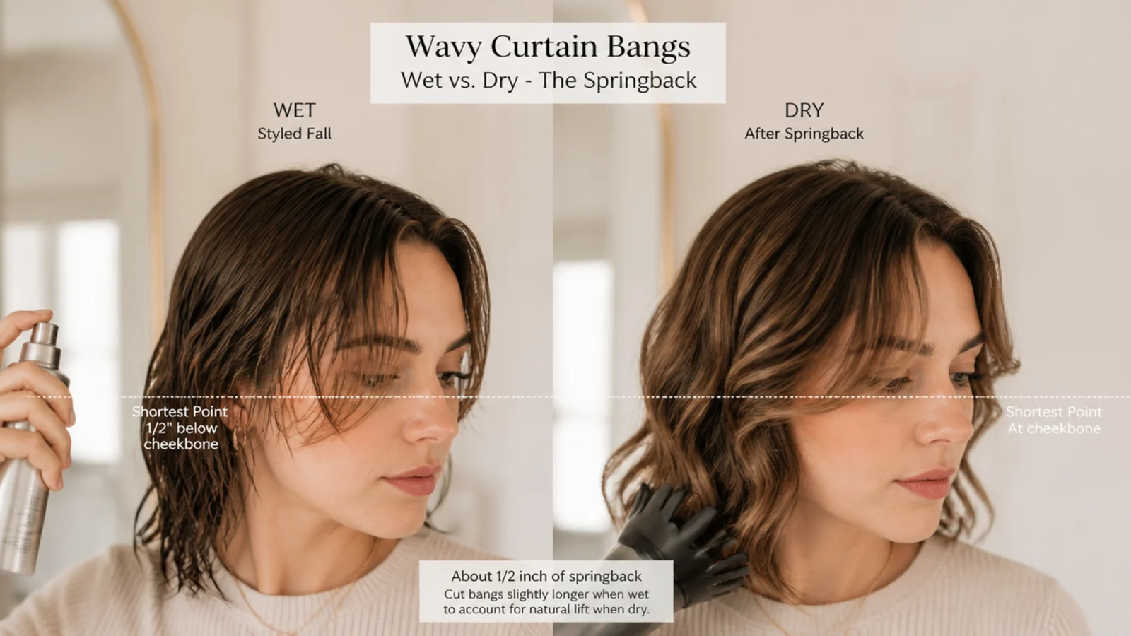 Wavy short curtain bangs shown wet and dry to demonstrate about half an inch of springback