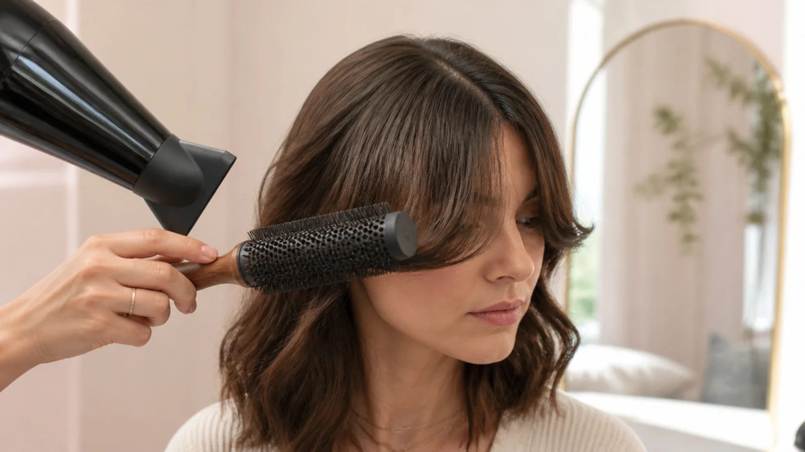 Blow-drying wavy short curtain bangs with a round brush sweeping away from the center part