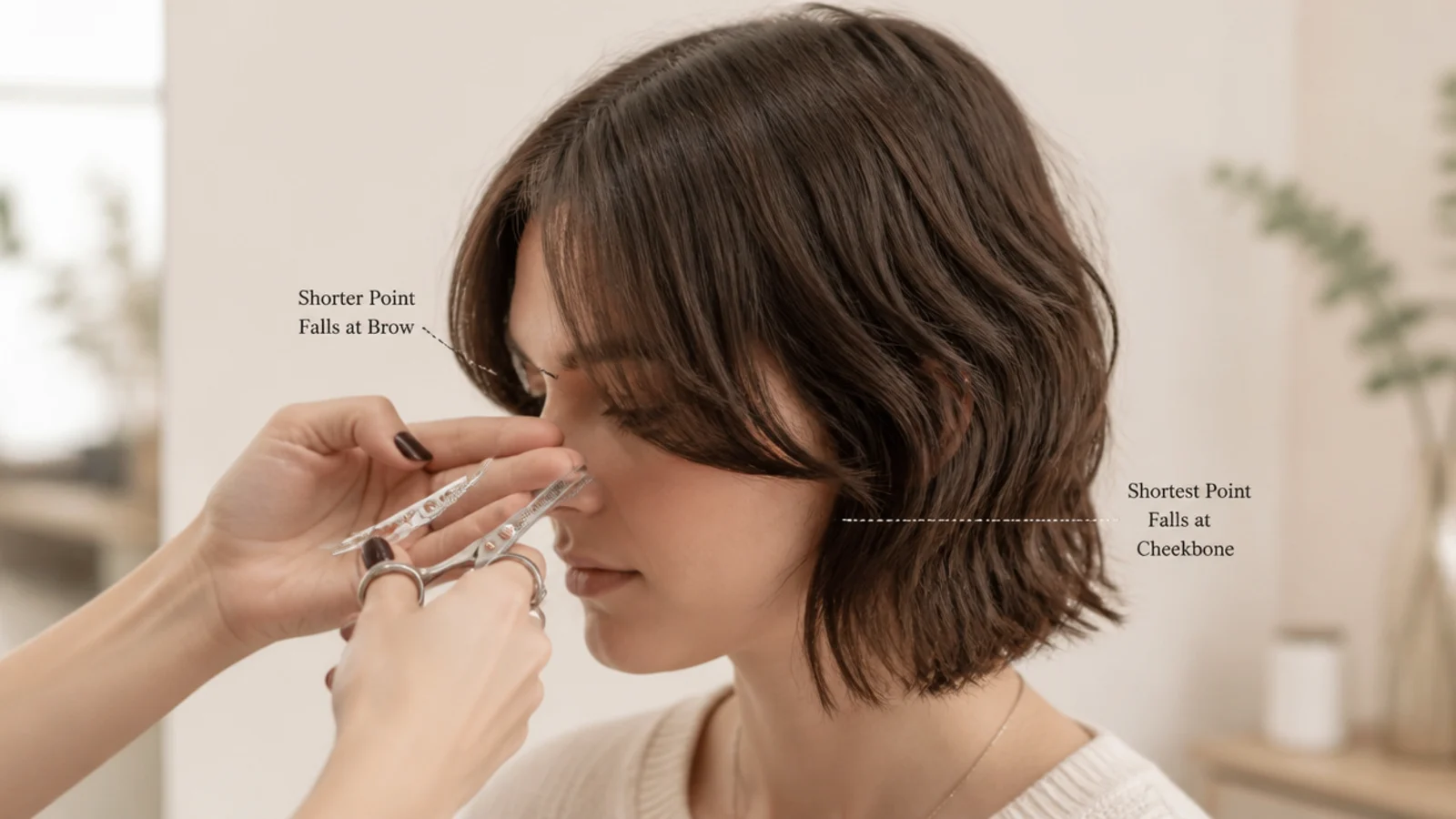 Fringe trim on wavy short curtain bangs with the stylist point-cutting the ends dry
