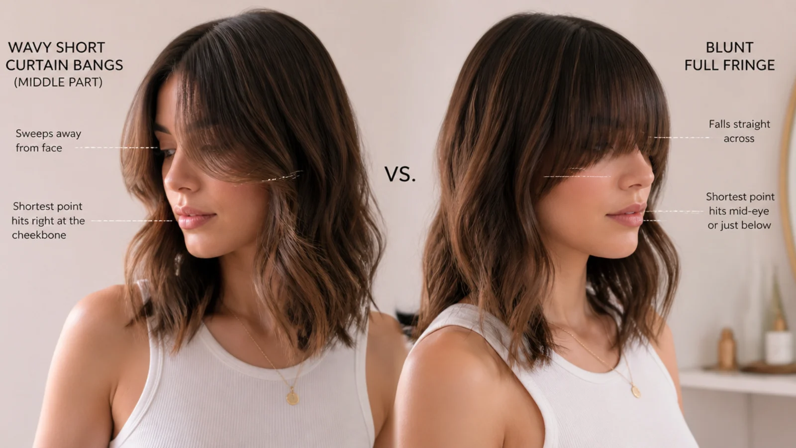 Diagram comparing wavy short curtain bangs with a center part against a blunt full fringe