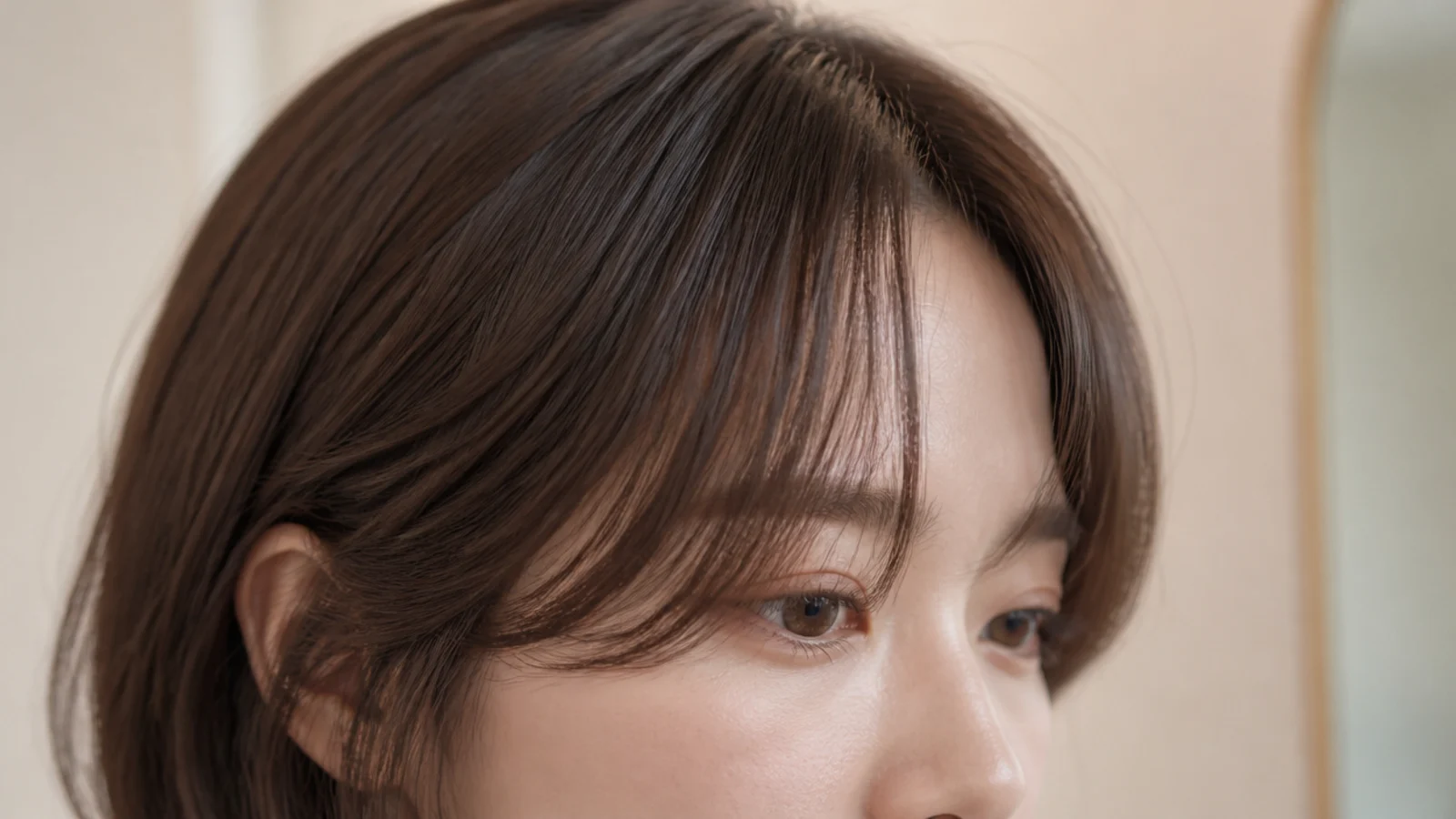 Wispy short curtain bangs on a round face with the shortest point sitting at the cheekbone