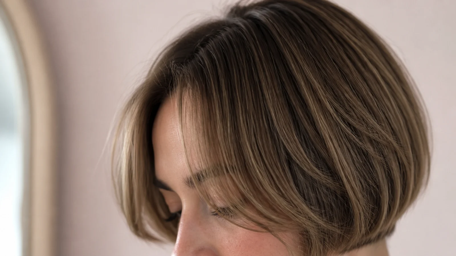 Chin length French bob with wispy short curtain bangs parted in the center