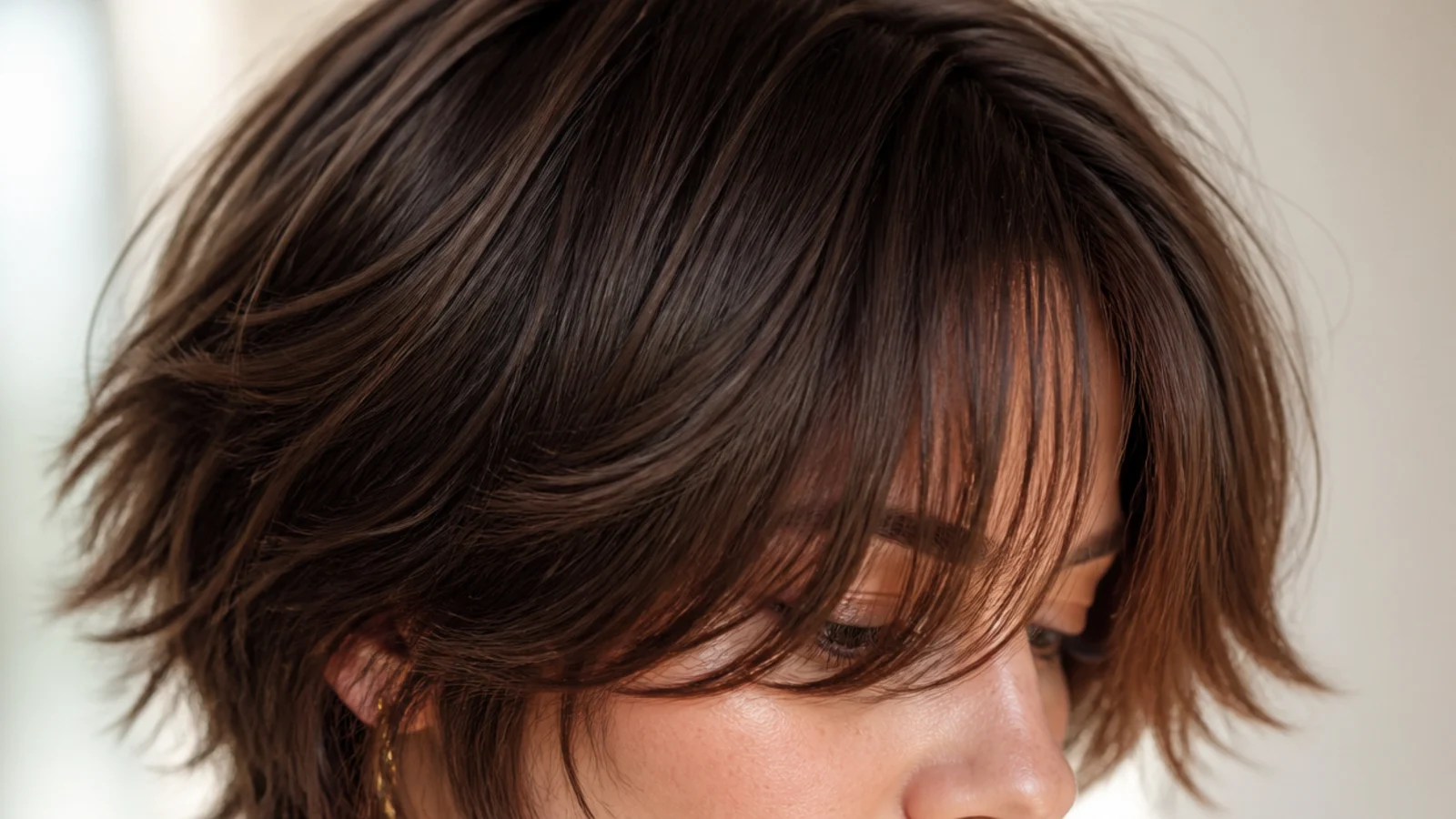 Short textured shag haircut with heavily feathered wispy curtain bangs and visible layers