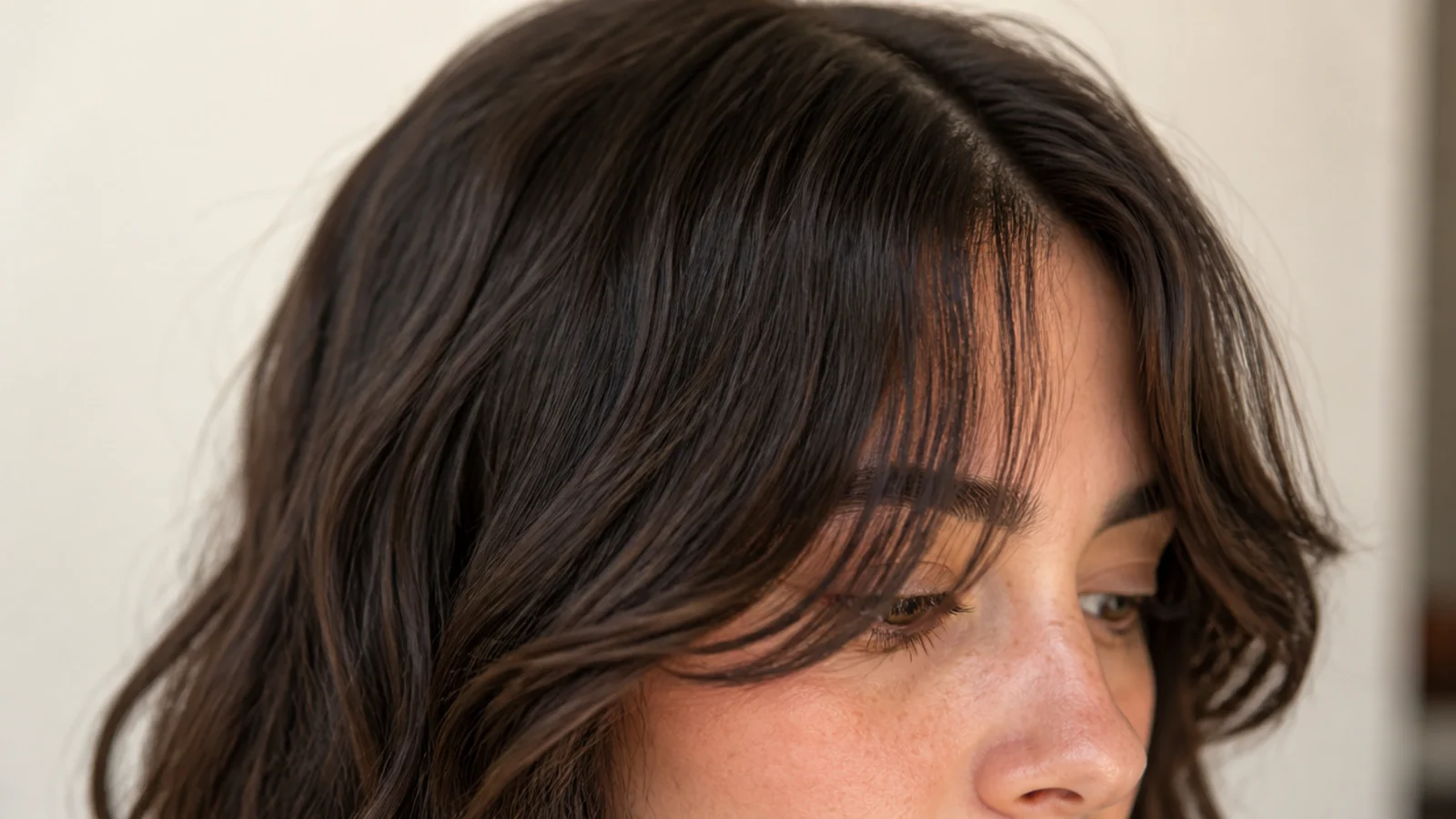 Wispy short curtain bangs on 2b wavy hair with a soft bend at the ends
