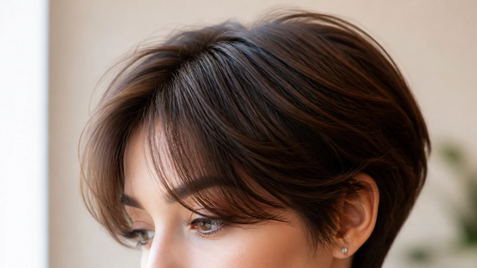 Long pixie cut with wispy short curtain bangs feathered over the forehead and a soft center part