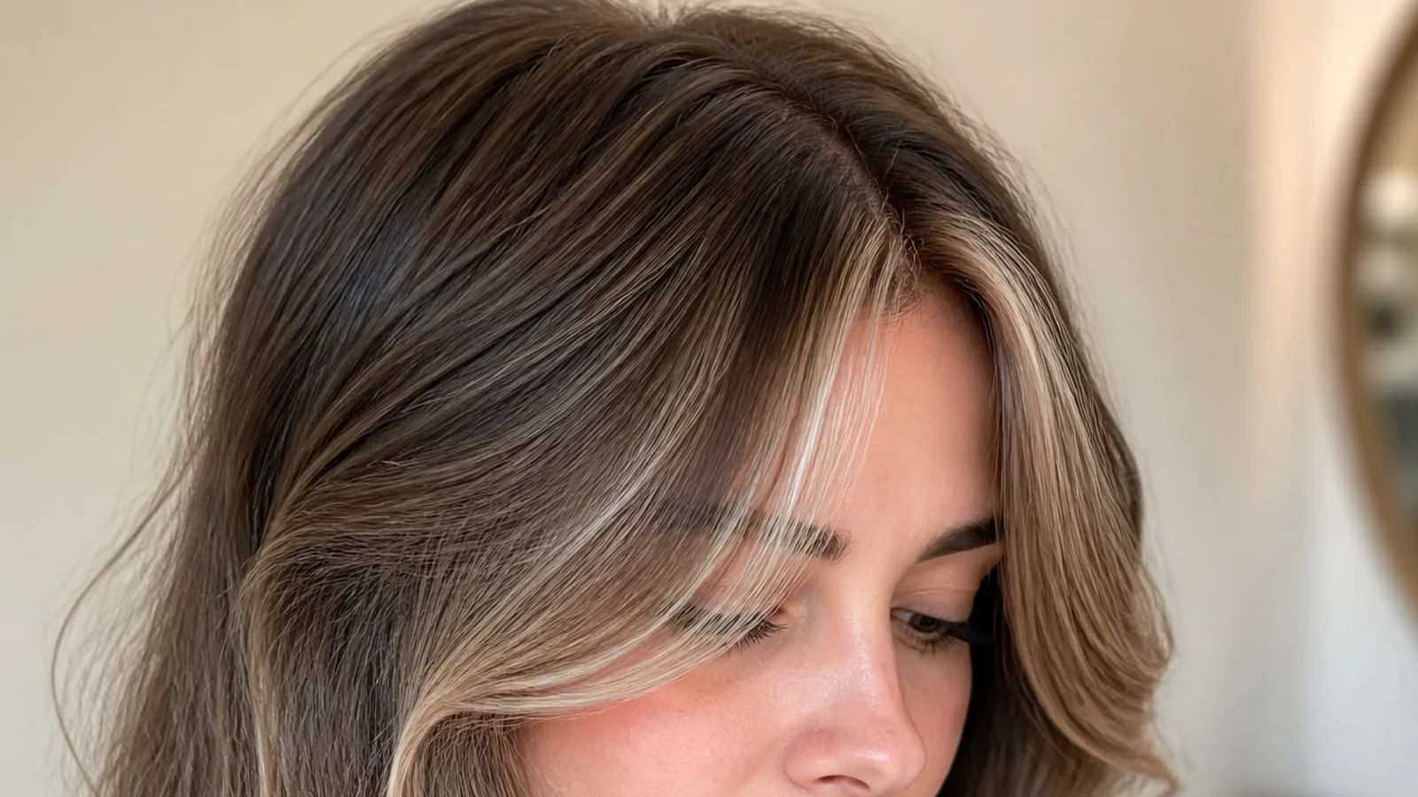Wispy short curtain bangs with brighter money piece highlights on the two front panels