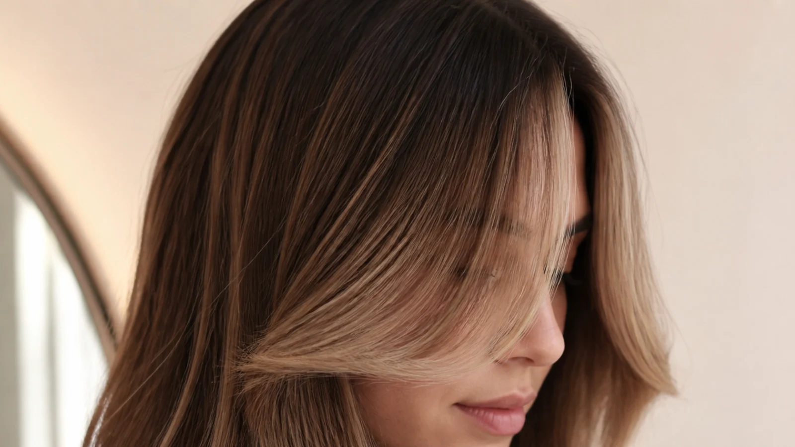 Wispy curtain bangs grown out to cheekbone length blending into face-framing layers