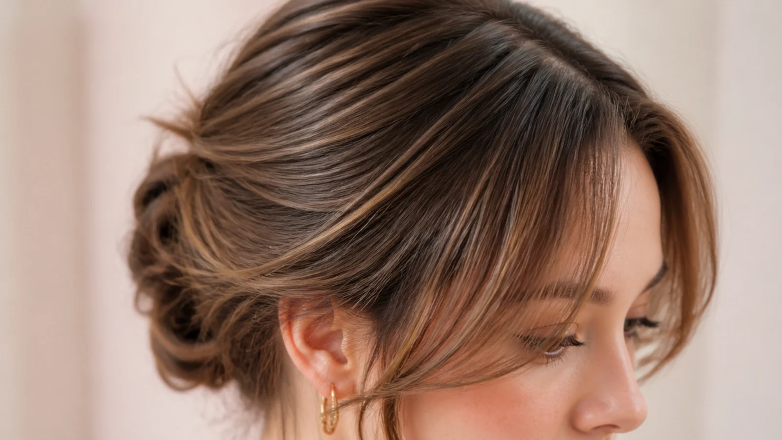 Low bun updo with wispy short curtain bangs left out and softly bent at the ends