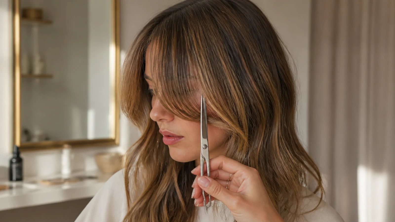 Shears held vertically to point cut wispy short curtain bangs on dry hair