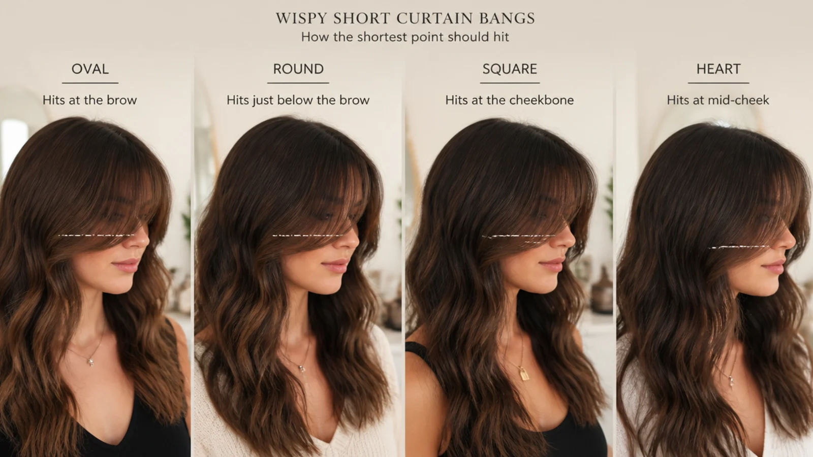 Four face shapes compared with wispy short curtain bangs cut at different heights