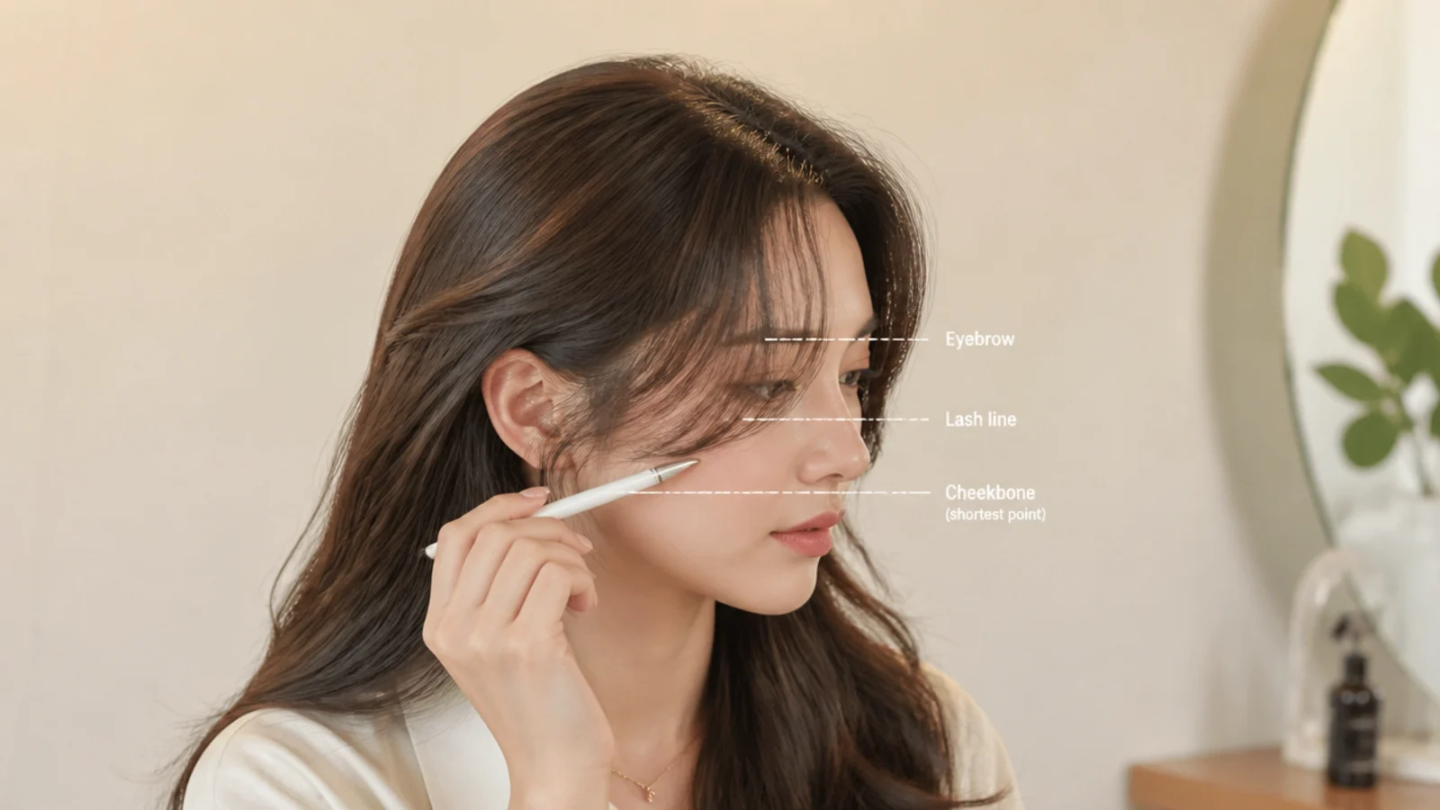 Wispy short curtain bangs measured against the eyebrow, lash line and cheekbone as length markers
