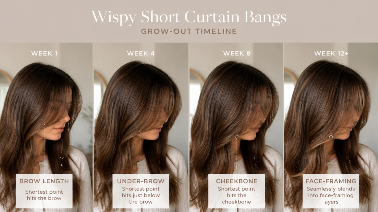 Timeline of wispy short curtain bangs growing from brow length to cheekbone face framing layers
