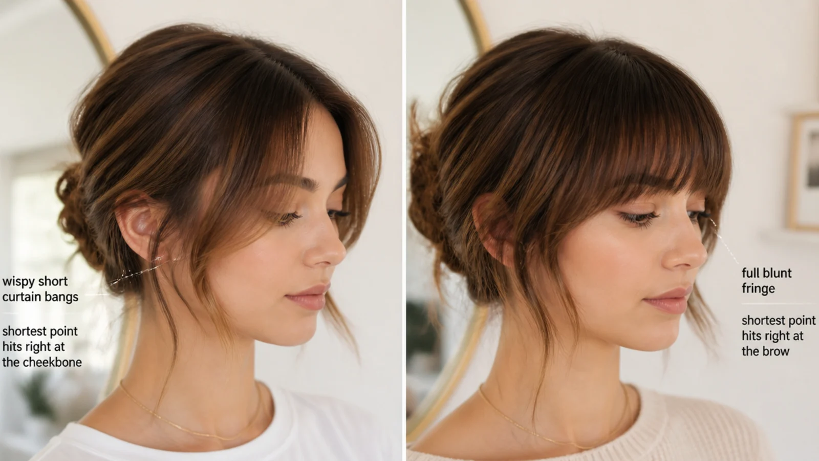 Side by side comparison of wispy short curtain bangs and a full blunt fringe on the same face