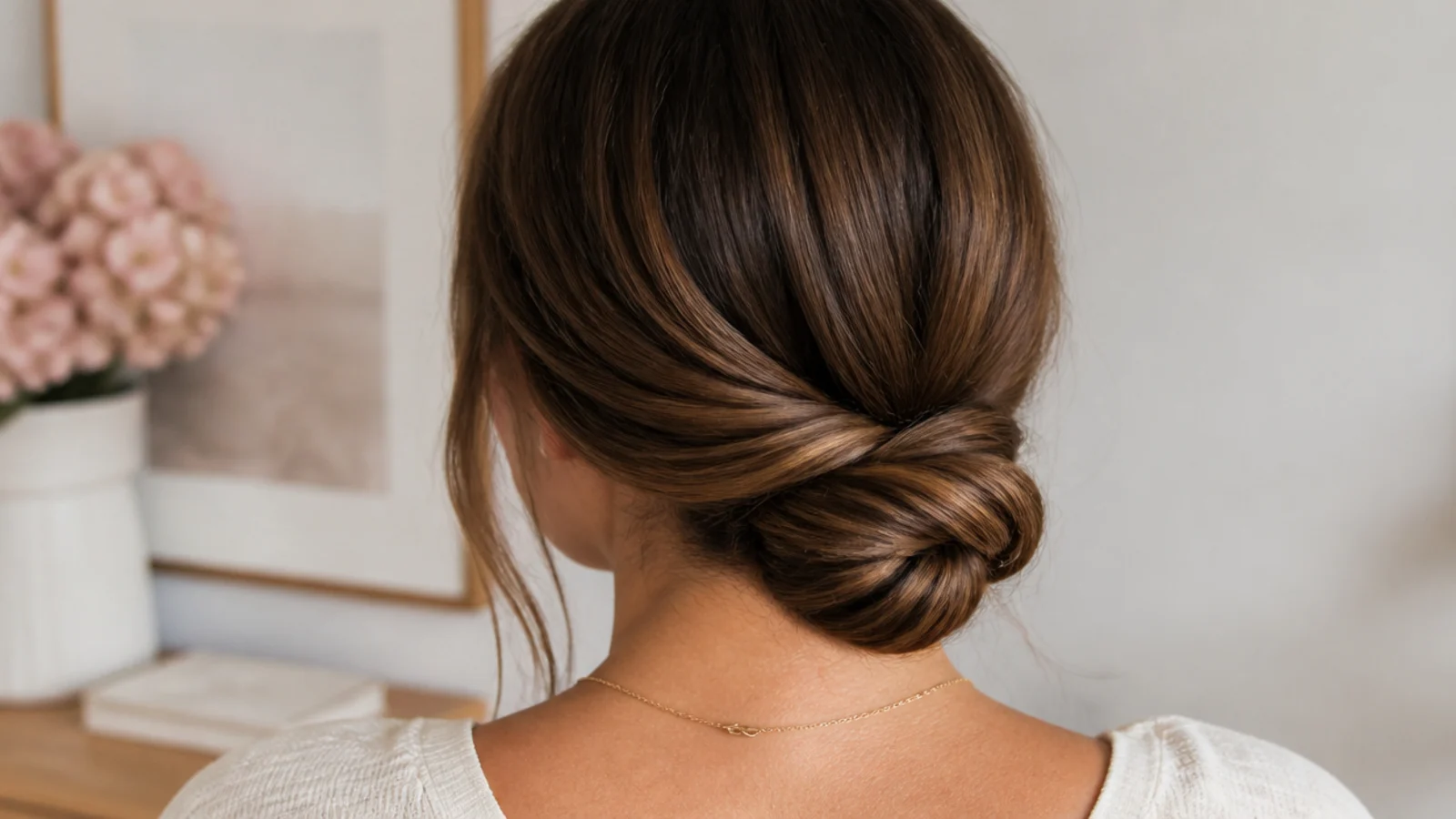 Faceless back view of a three-minute twisted low bun at the nape done with no heat
