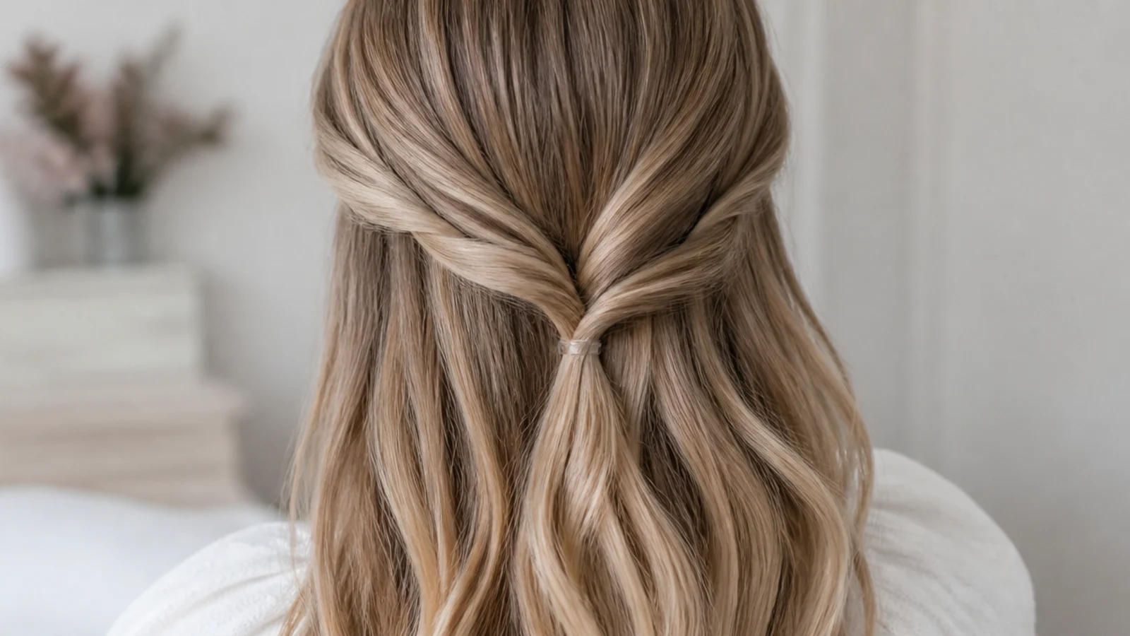Faceless back view of a twisted half-up hairstyle secured with a small clear elastic