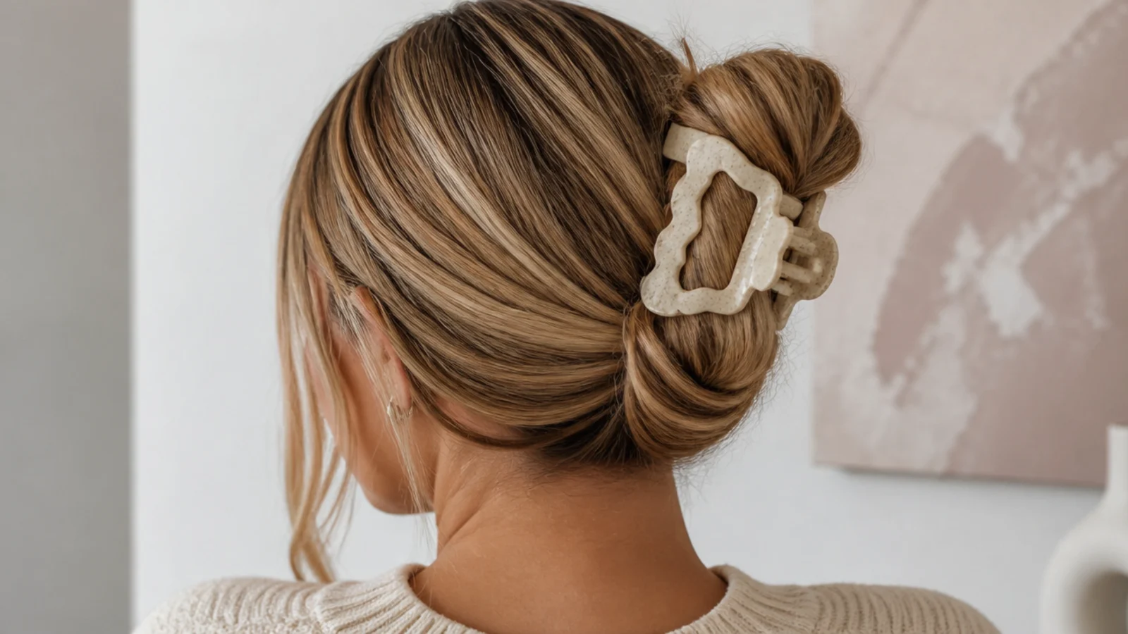 Faceless back view of hair twisted up and secured with a large claw clip in sixty seconds