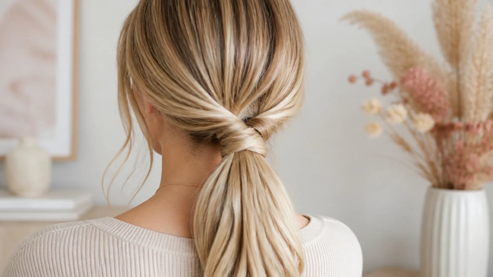 Faceless back view of a low ponytail with a small twist knot hiding the elastic