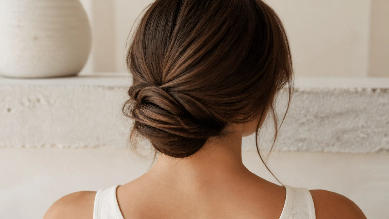 Faceless back view of a tucked chignon roll secured with bobby pins and no heat