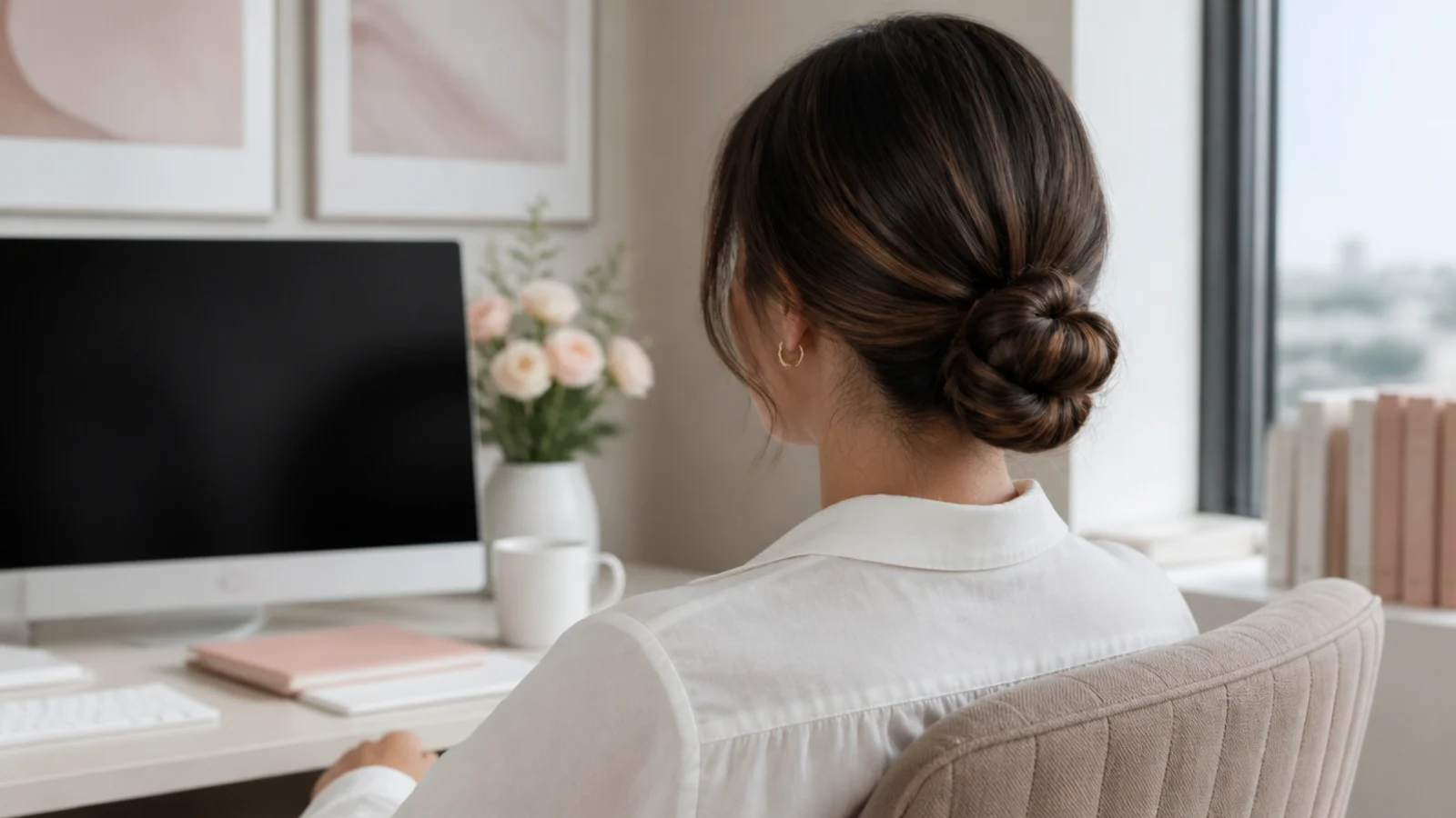 Faceless back view of a no-heat low bun still holding neatly at the end of a workday