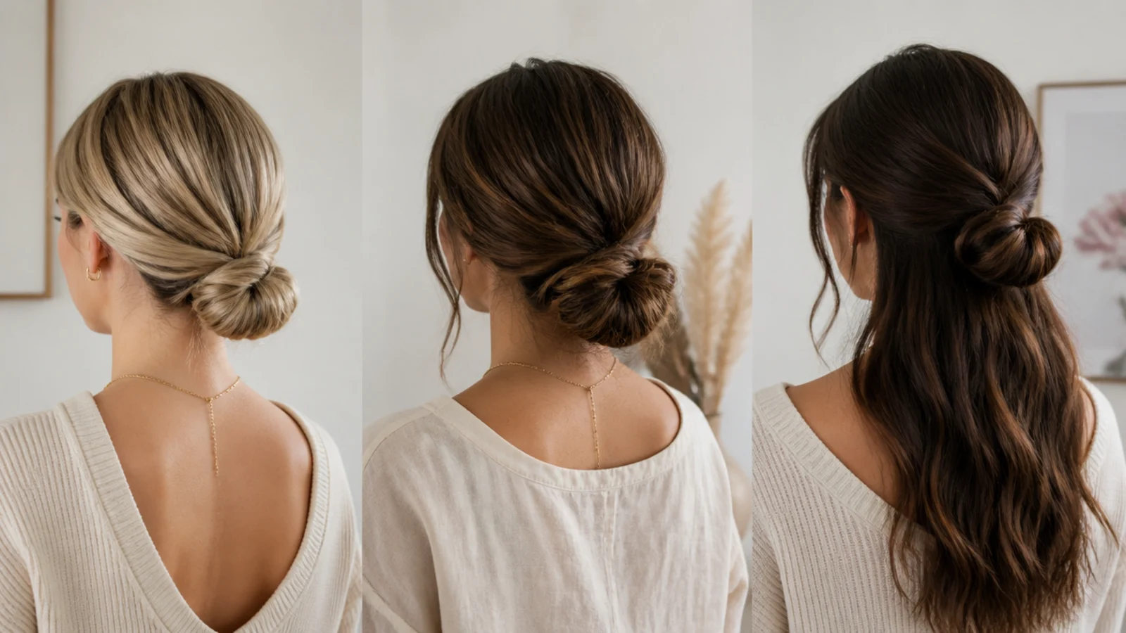 Faceless comparison of a low bun on short, medium and long hair for no-heat styling