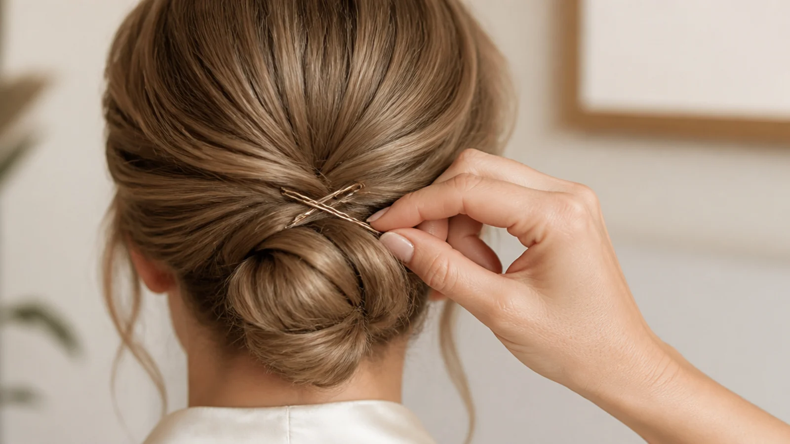 Faceless close-up of a ridged bobby pin being crossed into a twisted low bun to stop slipping