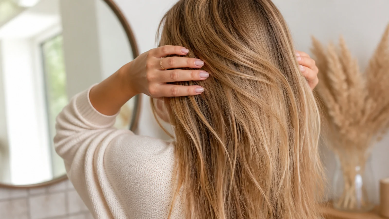 Faceless close-up of second-day hair being smoothed with fingers before a no-heat style
