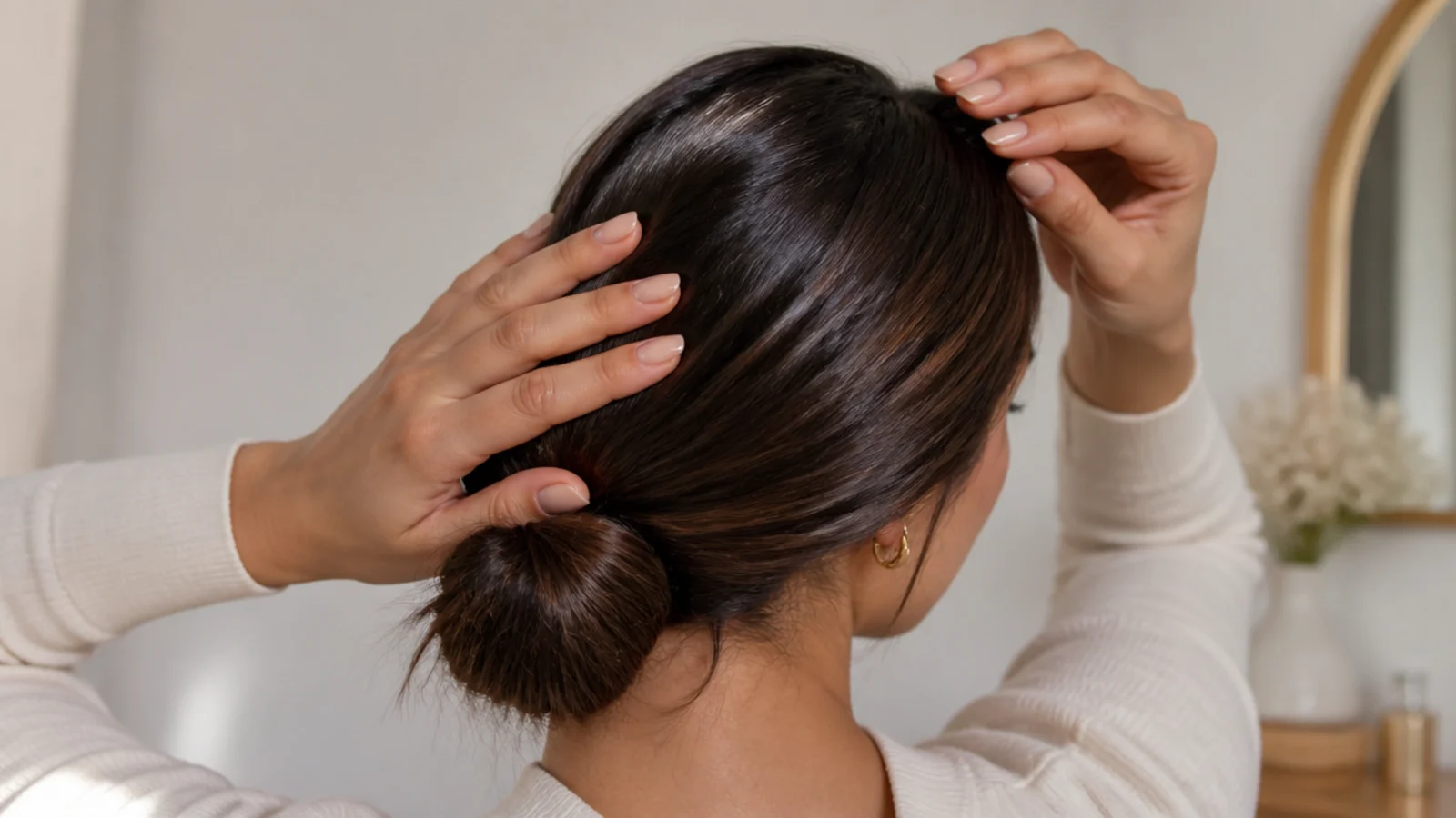 Faceless close-up of hands smoothing second-day hair and setting a center part before a low bun