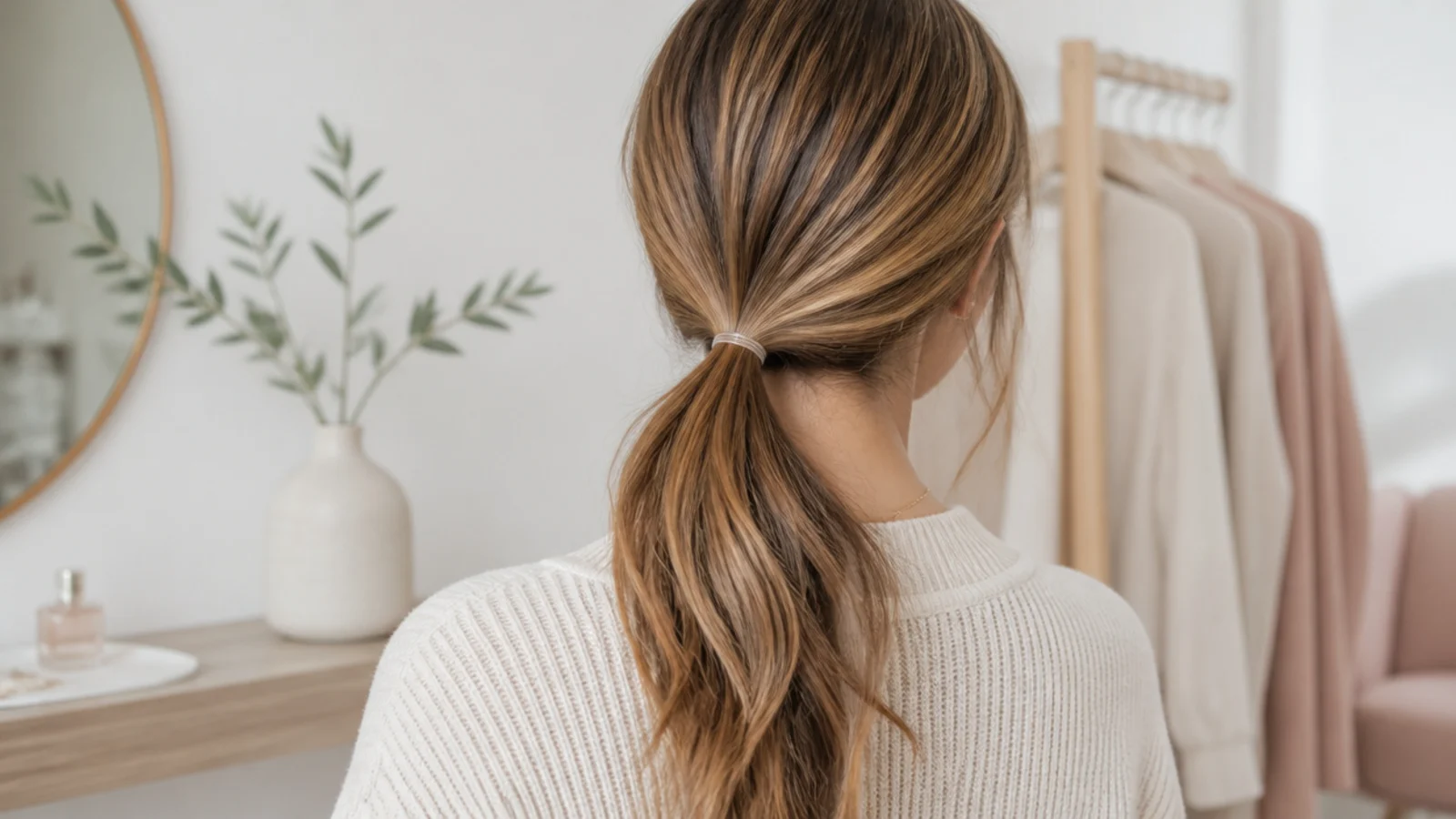 Faceless back view of hair gathered into a low ponytail at the nape with a clear elastic