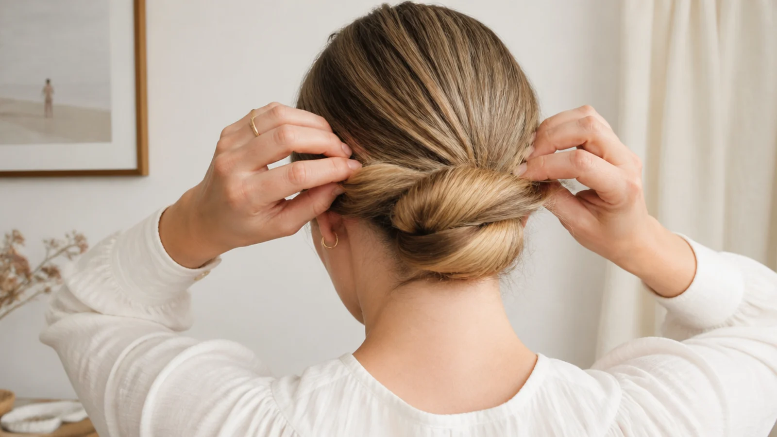 Faceless back view of a twisted rope being coiled around the base into a low bun with no heat