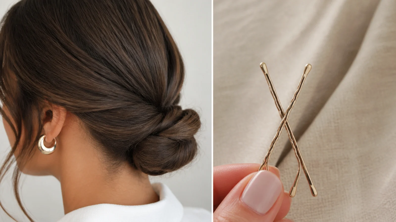 Faceless close-up of two ridged bobby pins crossed into an X to lock a twisted low bun