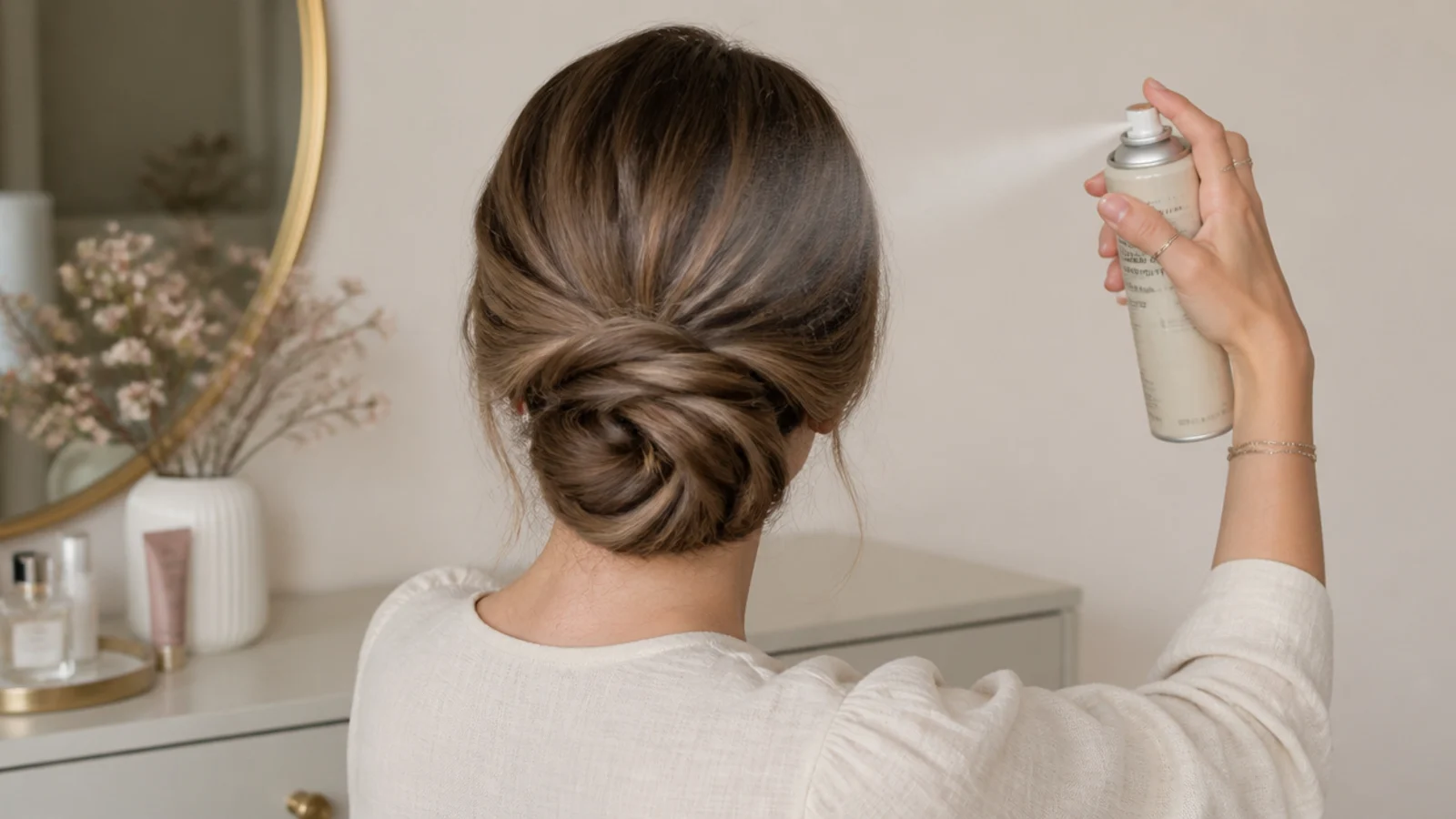 Faceless back view of a finished no-heat twisted low bun being set with a light mist of hairspray