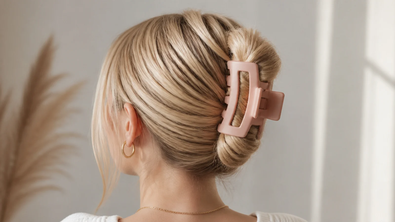 Faceless back view of a vertical French twist held by a wide-jaw claw clip on fine hair