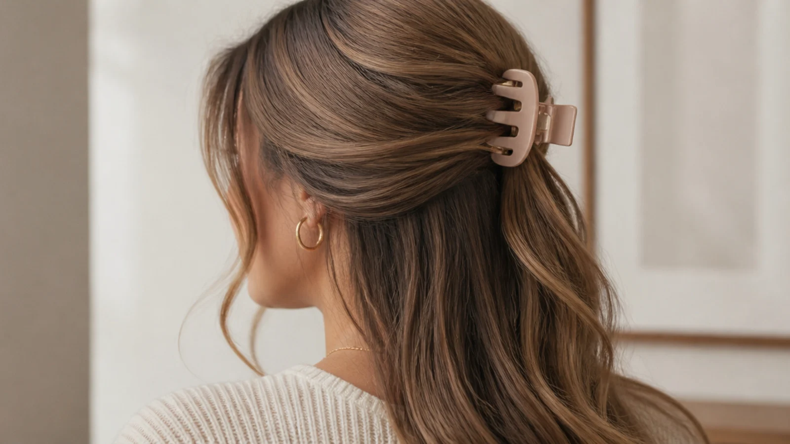 Faceless side view of a half-up claw clip style with two loose face-framing tendrils