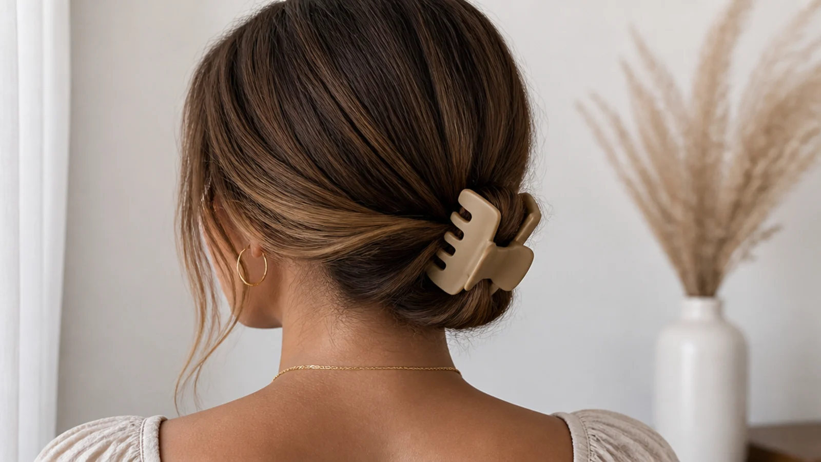 Faceless back view of a low claw clip bun sitting at the nape of the neck