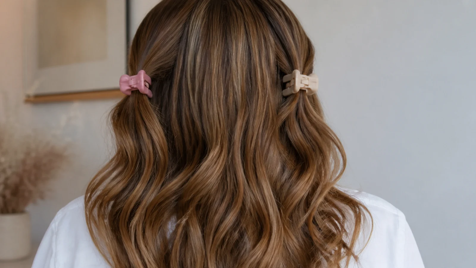 Faceless back view of hair split into two vertical sections each held by a small claw clip