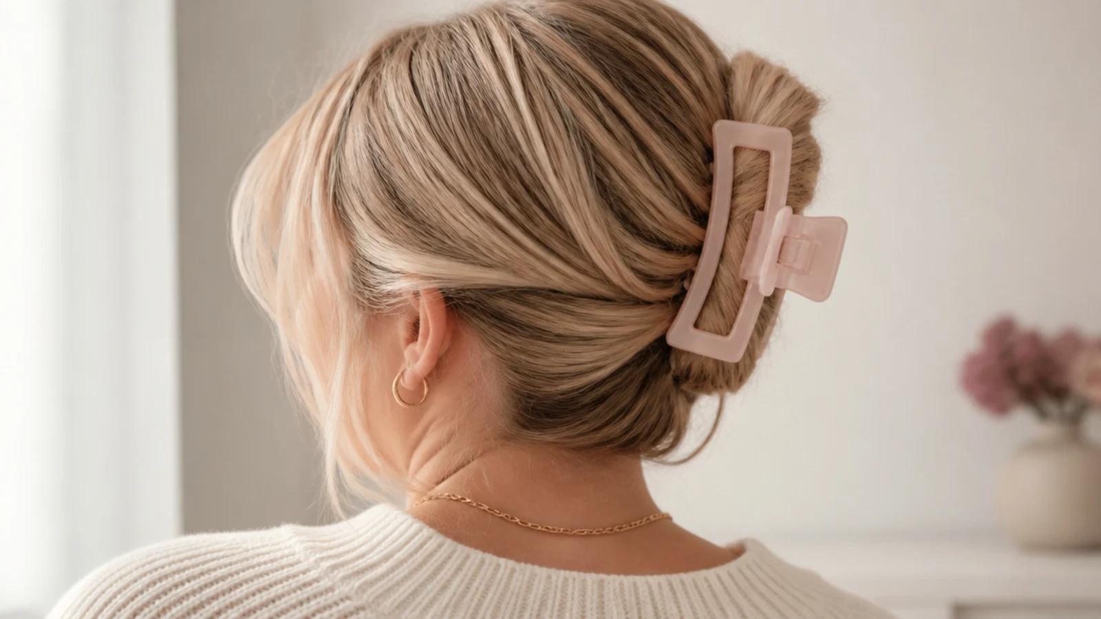 Faceless back view of a claw clip anchored over a small hidden base braid on fine hair