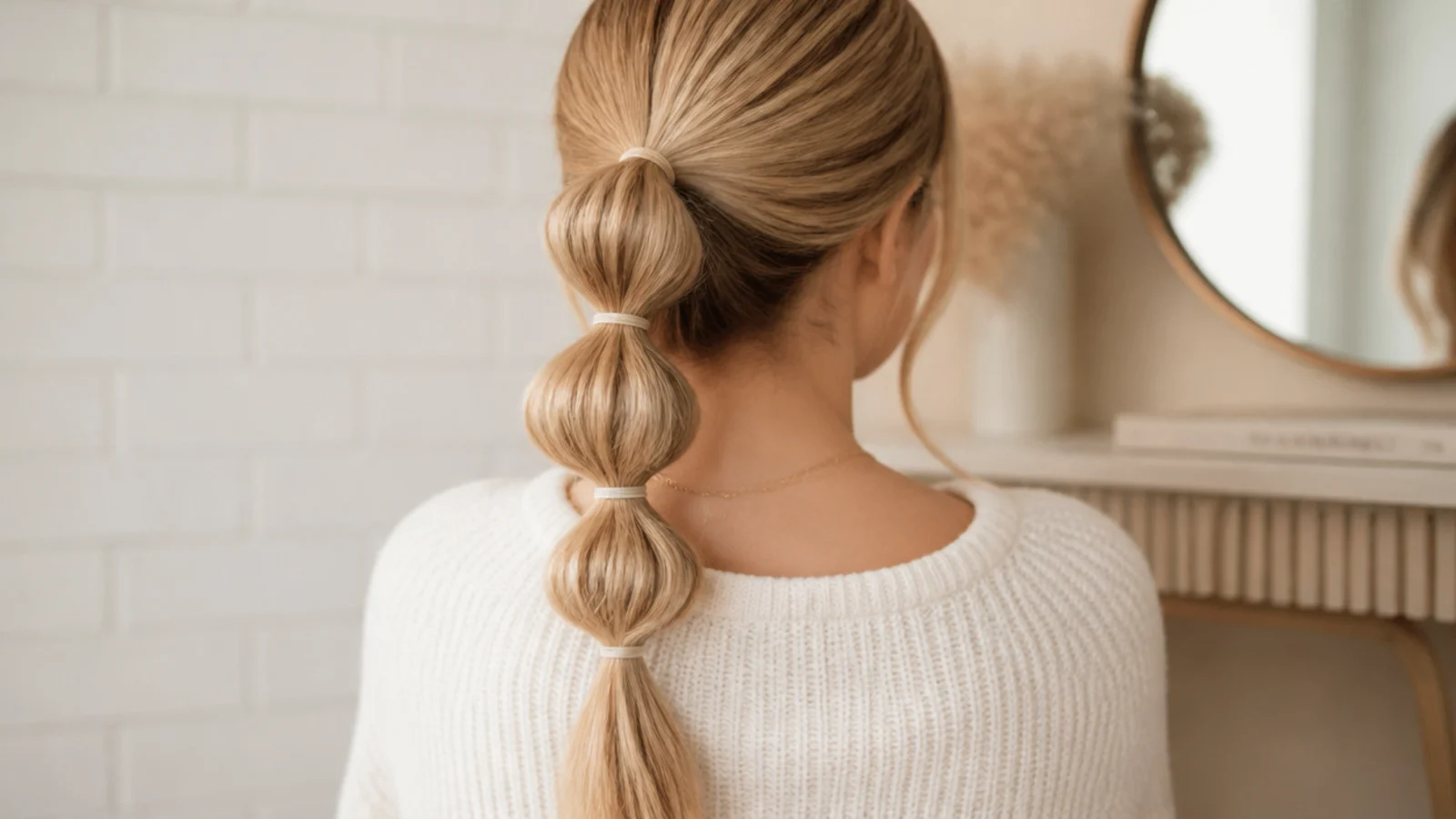 Faceless back view of a bubble ponytail made with spaced elastics on fine long hair