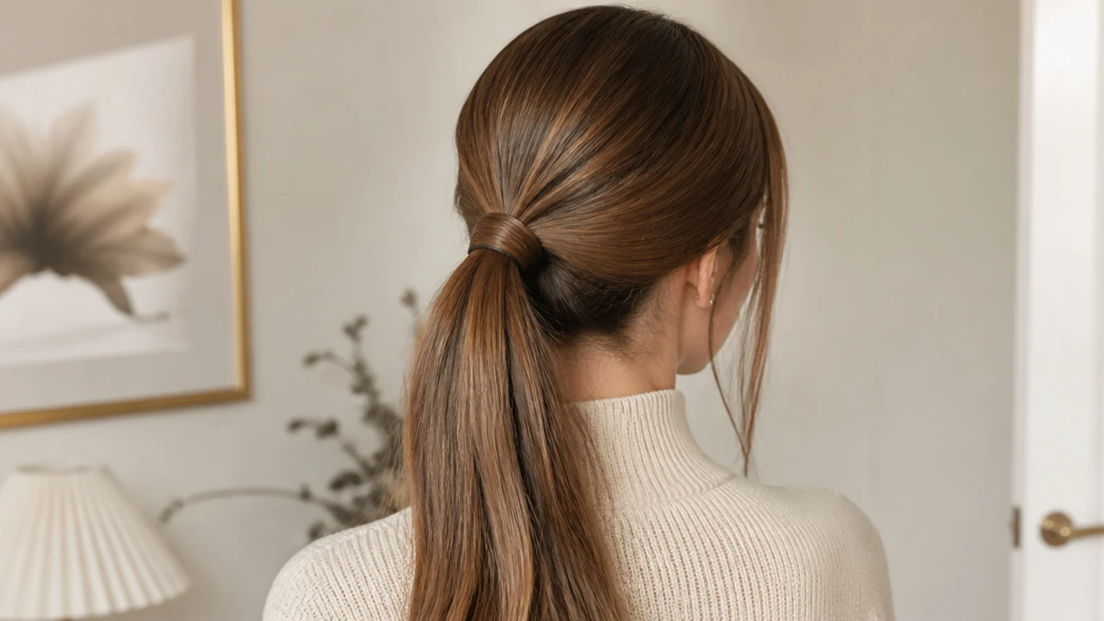 Faceless back view of a low ponytail anchored with a hidden bobby pin above the elastic