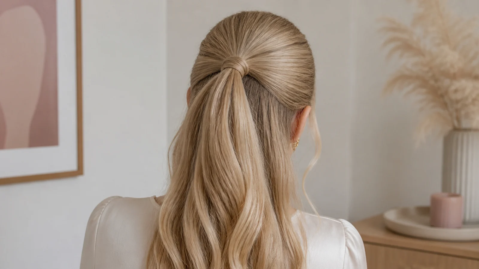 Faceless back view of a smooth bump-free half-up ponytail secured on fine hair