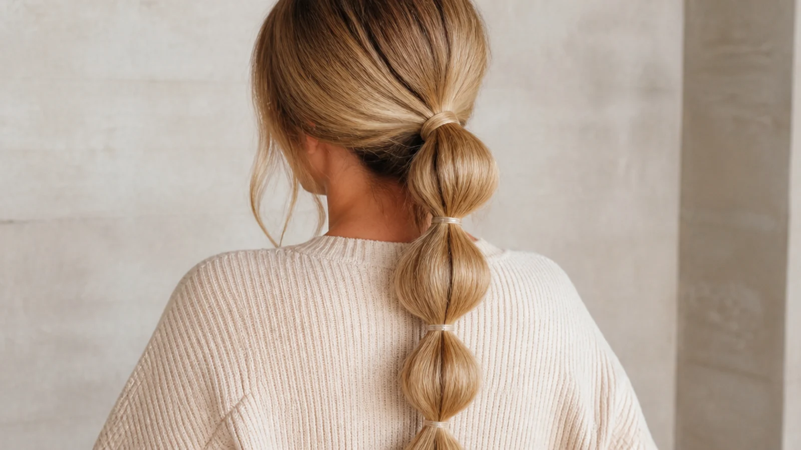 Faceless back view of a bubble braid ponytail with spaced elastics down a long braid