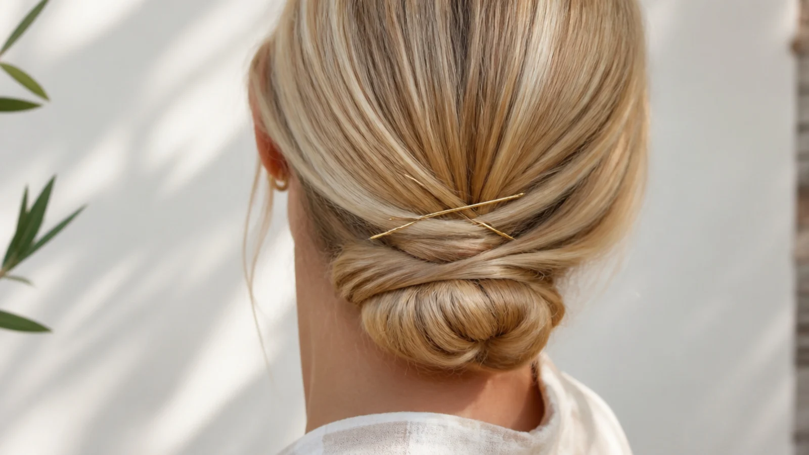 Faceless back view of a twisted low bun secured with crossed bobby pins at the nape