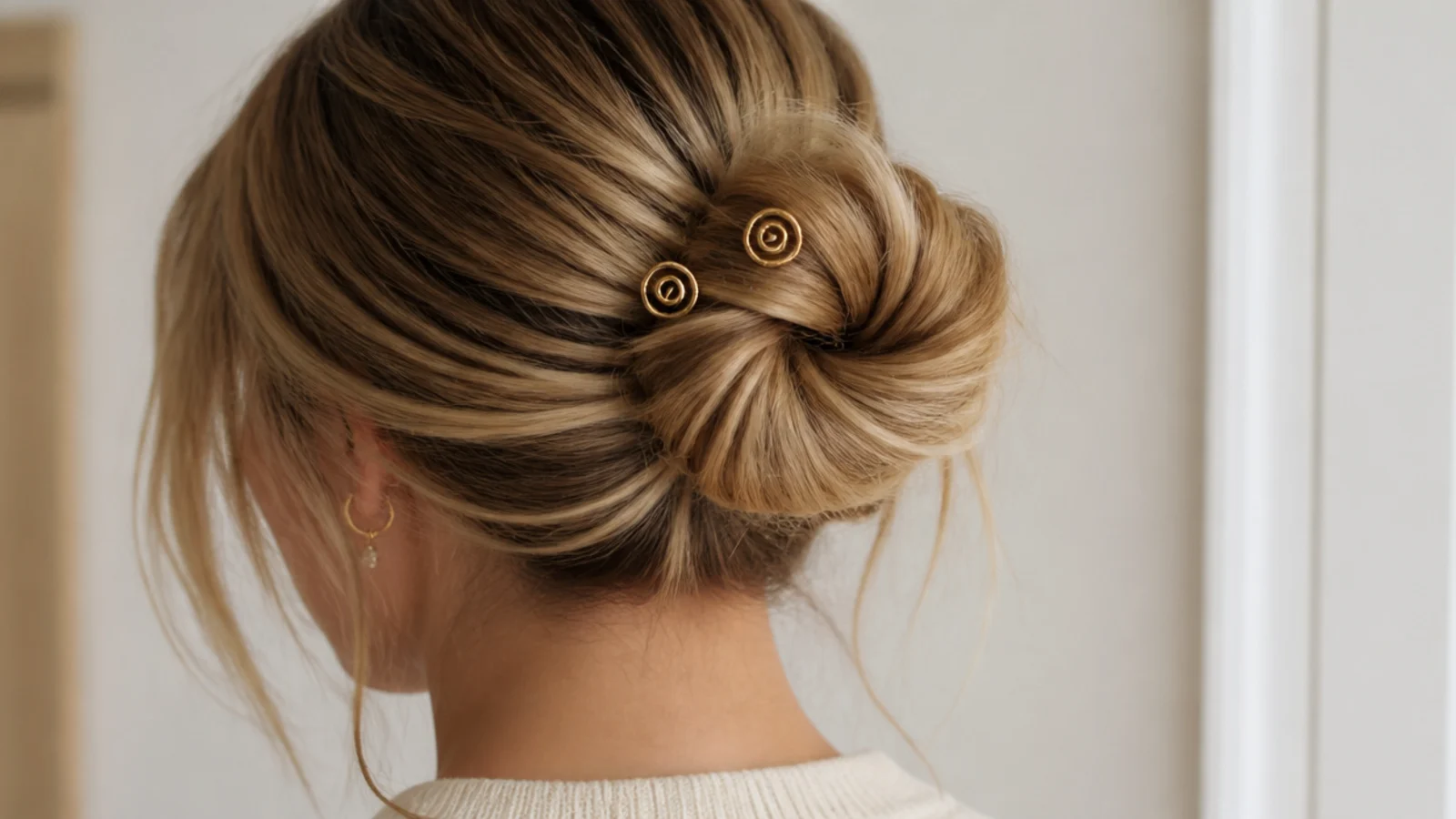 Faceless back view of a soft messy bun held by two spiral spin pins on medium hair