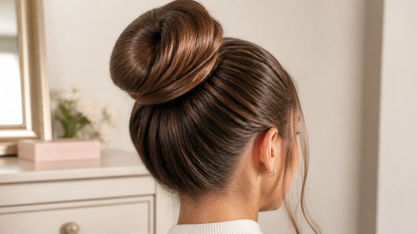 Faceless back view of a smooth high ballerina bun built around a foam hair donut