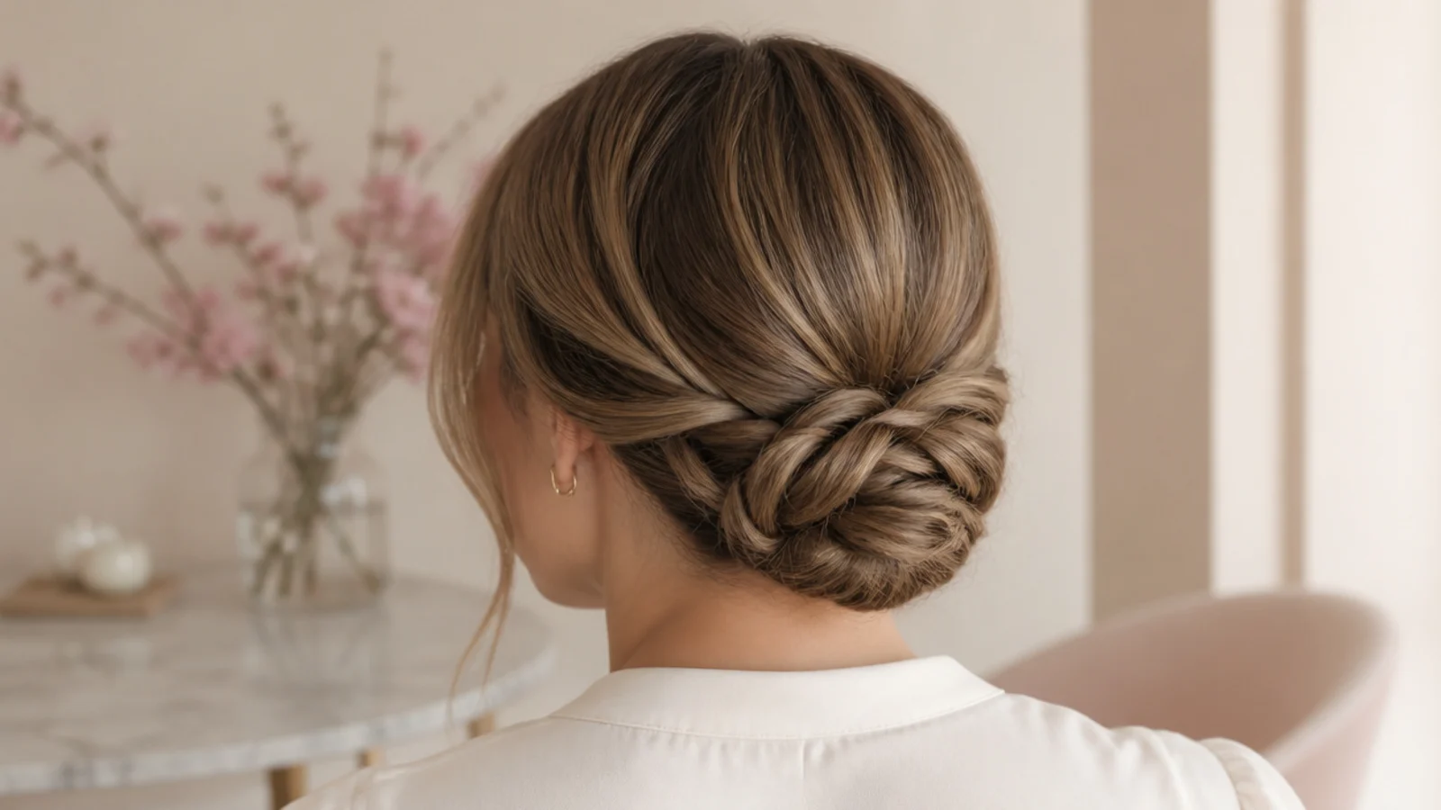 Faceless back view of a low braided bun coiled and pinned on medium-length hair