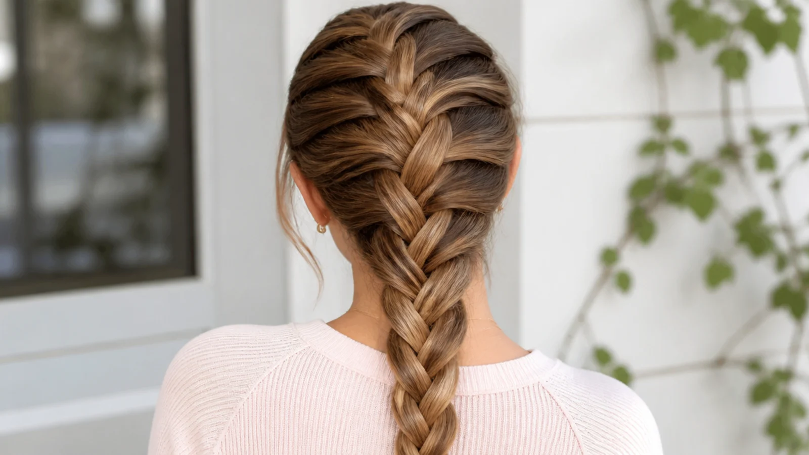 Faceless back view of a smooth even Dutch braid running down the center of the head