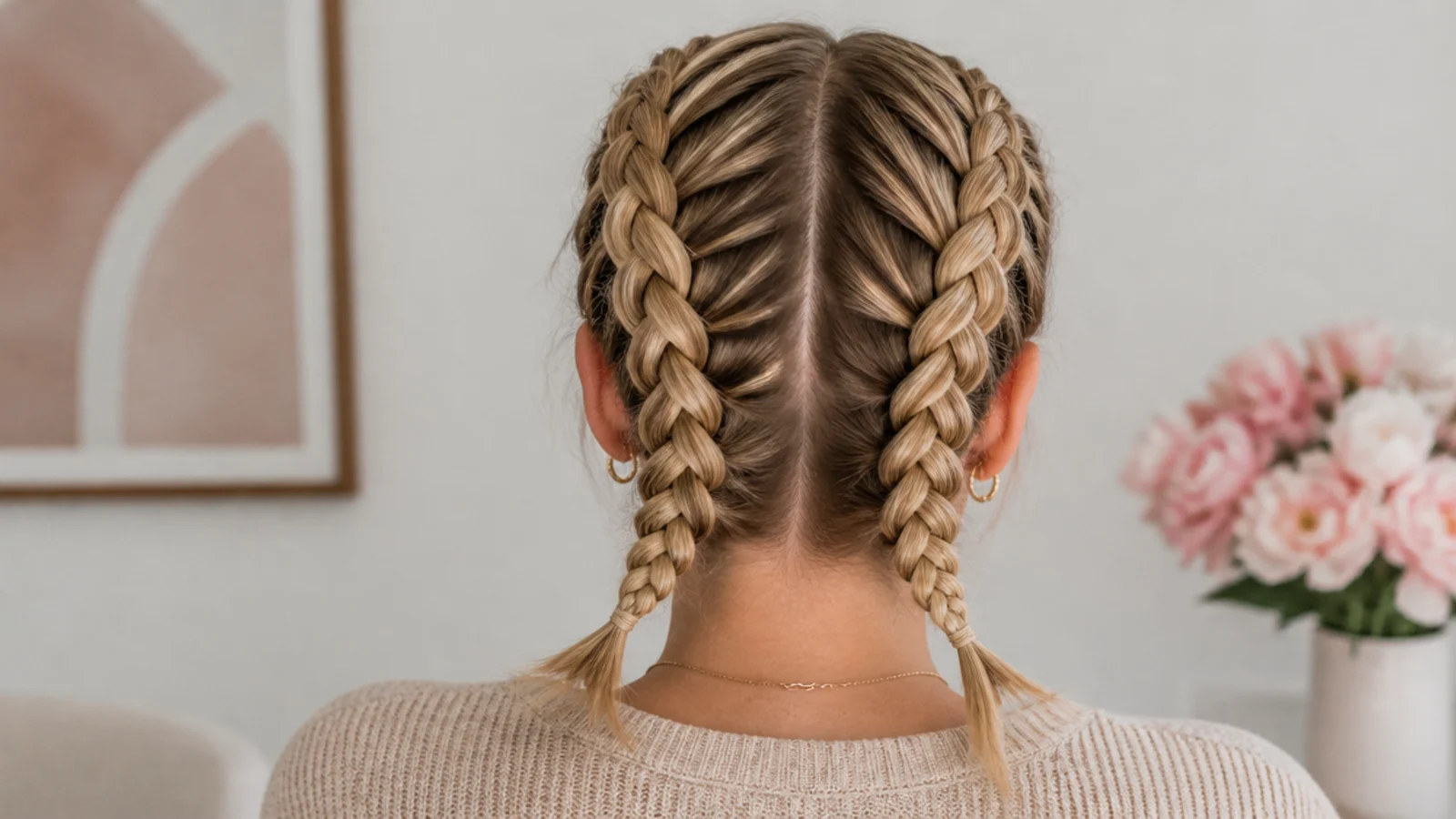 Faceless back view of two symmetrical French braids running from crown to nape