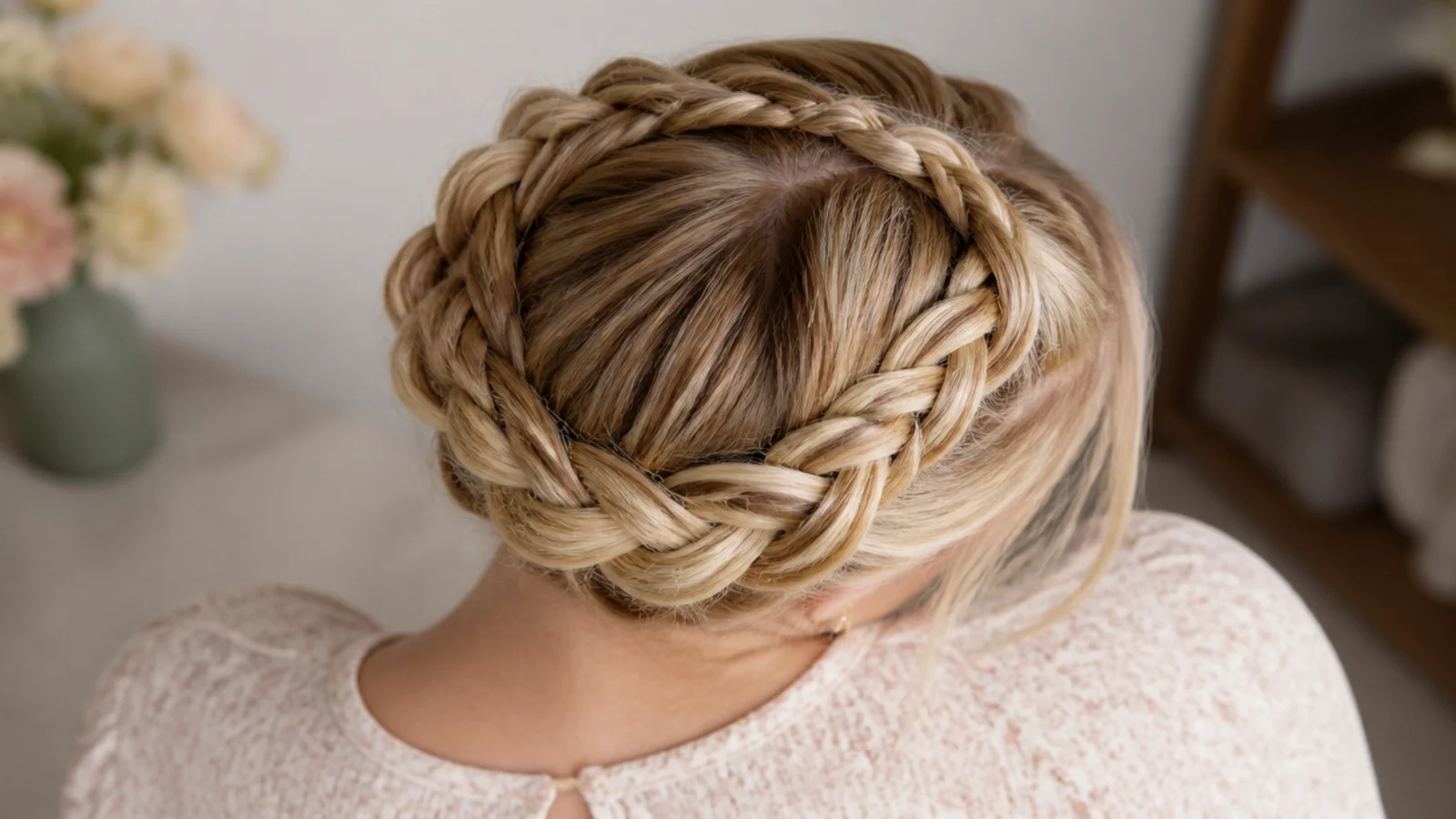 Faceless top view of two braids crossed over the crown into a milkmaid style
