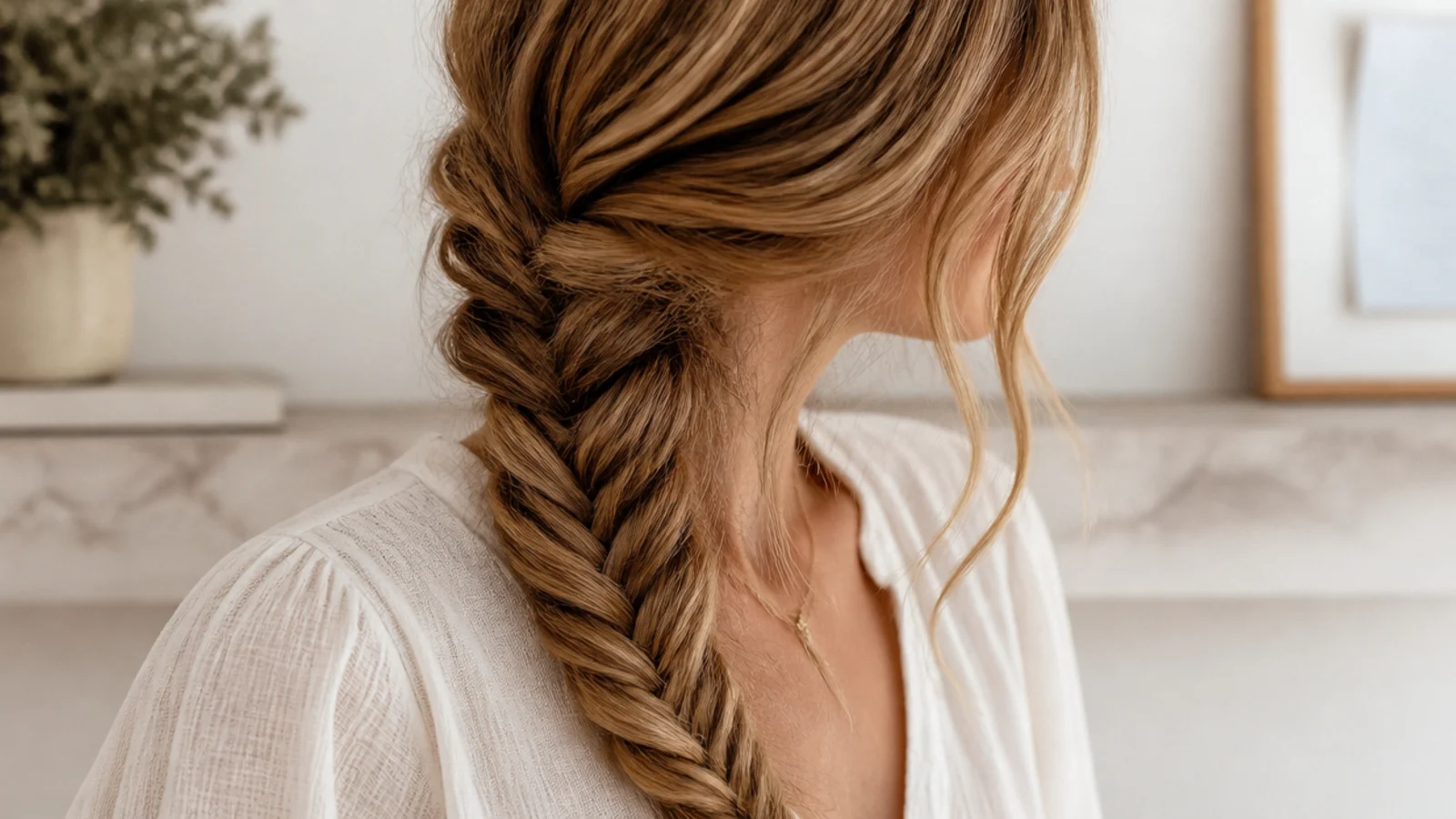 Faceless side view of a loose textured fishtail braid draped over one shoulder