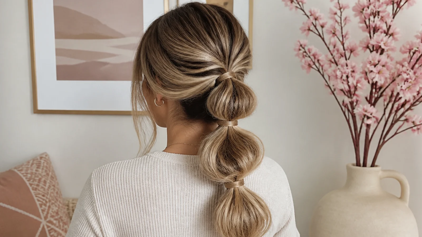 Faceless back view of a voluminous pull-through braid made from linked ponytails