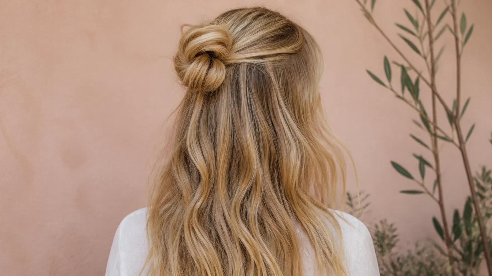 Faceless back view of a small half-up top knot with the rest of the hair left down